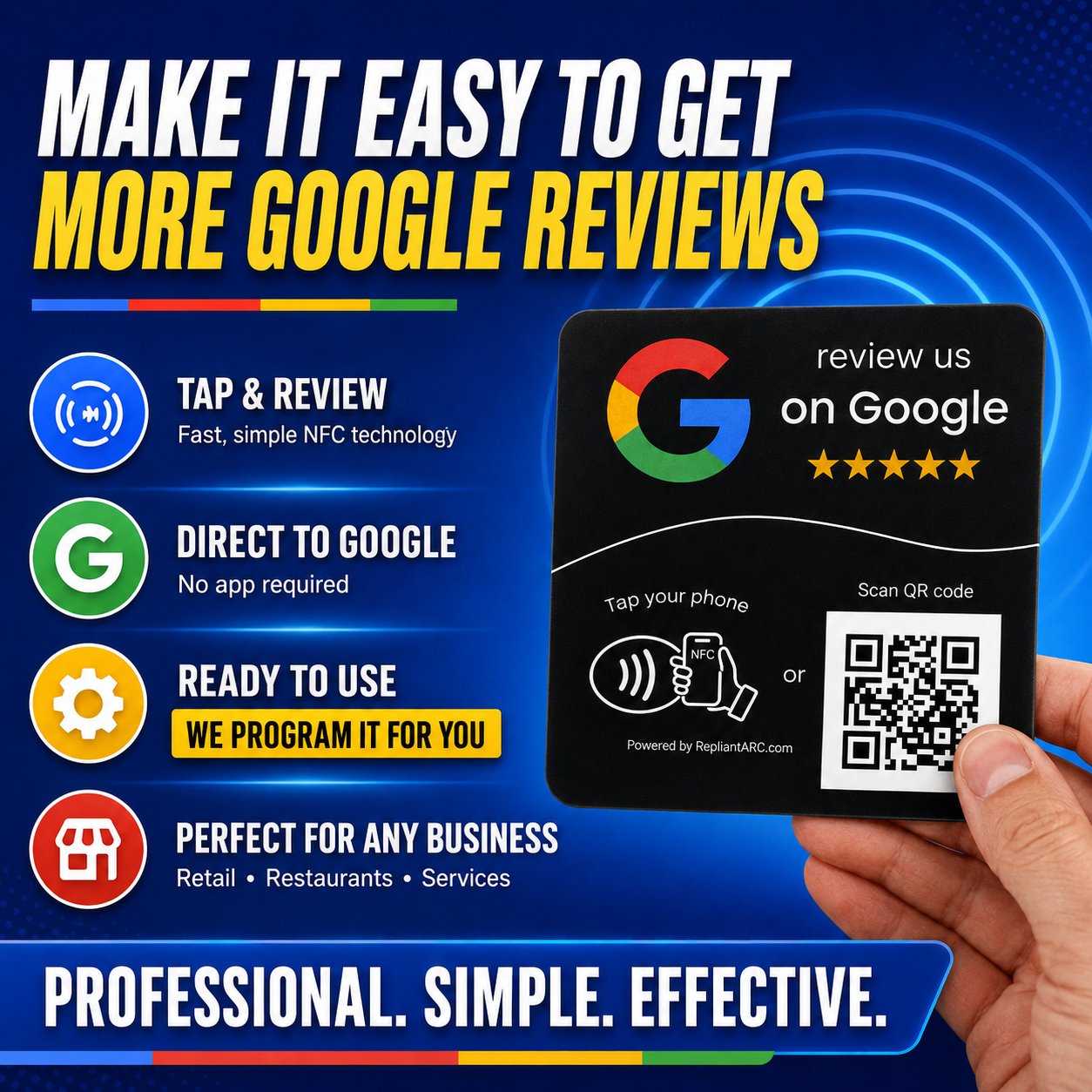 Google Review Target Tap Card features — tap and review, direct to Google, ready to use, perfect for any business